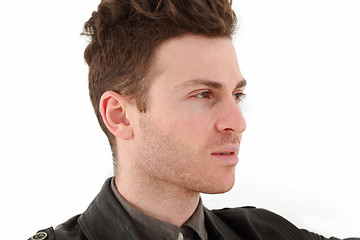 Image showing Young adult man posing with leather jacket