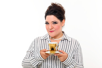 Image showing Pretty plus size woman with coffee