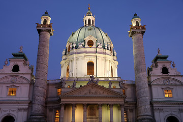 Image showing Karlskirche (St. Charles Cathedral) at dusk in Vienna, Austria