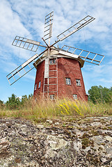 Image showing Old wooden windmill in Sweden