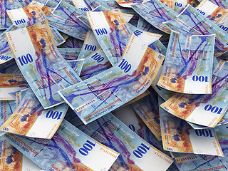 Image showing Swiss Currency Bank Notes (Swiss Francs). Pile of 100 CHF