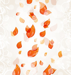 Image showing Flying autumn orange leaves background