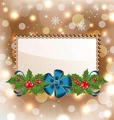 Image showing Christmas elegant card with mistletoe and bow