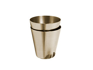 Image showing Big steel cup with lid and handle isolated on white