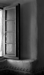 Image showing Black and white image of an open window in the Mission of Santa