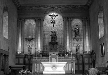Image showing Black and white image of an 18th Century Mission Church