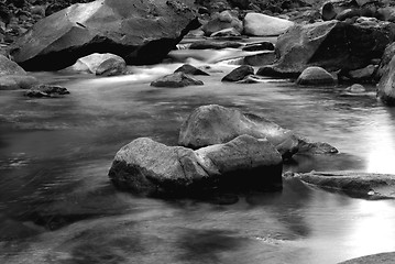 Image showing Black and white image of small rapids in Merced River in Califor