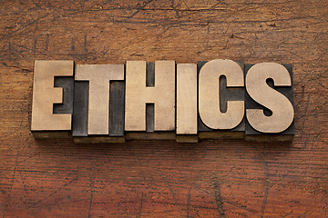 Image showing ethics word in wood type