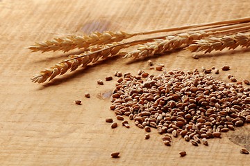 Image showing Wheat corn and wheat spike on a wood plank