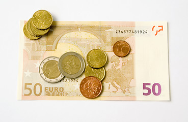 Image showing Euro banknote and coins 