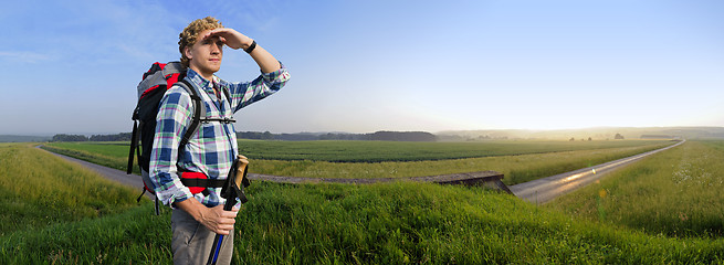 Image showing Hiker in Summer fields