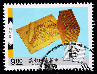 Image showing A stamp printed in Taiwan shows ancient books