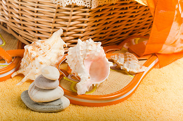 Image showing Beach items a hat, a towel and slippers, a close up