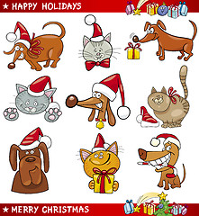 Image showing Cartoon Set of Christmas Cats and Dogs