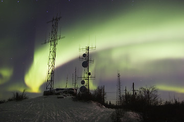Image showing Scientific antennas under northern lights