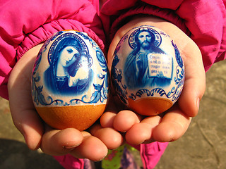 Image showing Two easter eggs in the child's hands