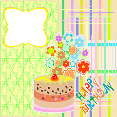 Image showing happy birthday greeting card with flower and cupcake vector