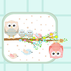 Image showing floral background - couple of owls and birds sitting on branch