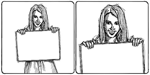 Image showing Sketch happy business woman holding blank white card