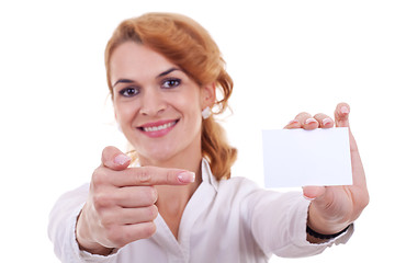 Image showing businesswoman pointing to a card