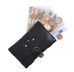 Image showing Black leather purse with euro