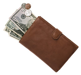 Image showing Brown leather purse with dollars