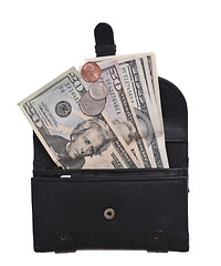 Image showing Black leather purse with dollars