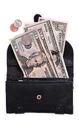 Image showing Black leather purse with dollars