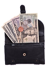 Image showing Black leather purse with dollars