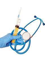 Image showing blue stethoscope and yellow syringe