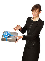 Image showing Silver box with blue bow as a present