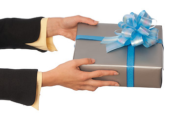 Image showing grey box with blue bow as a gift