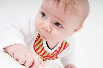 Image showing Closeup portrait of baby boy in snowman costume
