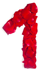 Image showing number 1 made from red petals rose on white