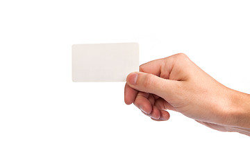 Image showing Businessman's hand holding blank business card