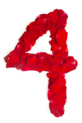 Image showing number 4 made from red petals rose on white