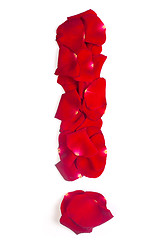 Image showing Exclamation sign made from red petals rose on white