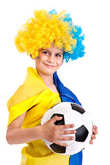 Image showing Football fan with  ukrainian flag and a ball on a white backgrou