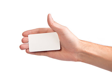 Image showing Businessman's hand holding blank business card