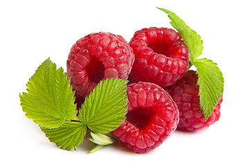 Image showing Bunch of a red raspberry on a white background. Close up macro s