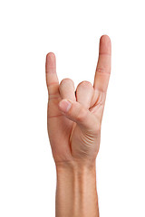 Image showing A man's hand giving the Rock and Roll sign