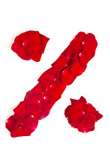 Image showing Percent symbol, made from red petals rose isolated on a white ba