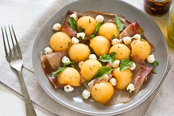 Image showing Prosciutto,Melon and Pearl mozzarella antipasti