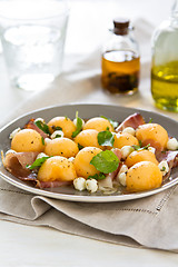 Image showing Prosciutto,Melon and Pearl mozzarella antipasti