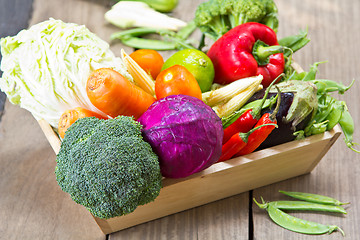 Image showing Varieties of vegetables in wood tray