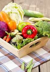 Image showing Varieties of vegetables in wood tray