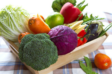 Image showing Varieties of vegetables in wood tray