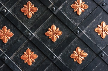 Image showing Golden metal lattice on steel background