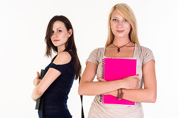 Image showing Two beautiful student girls getting ready for school