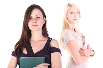 Image showing Two beautiful student girls getting ready for school